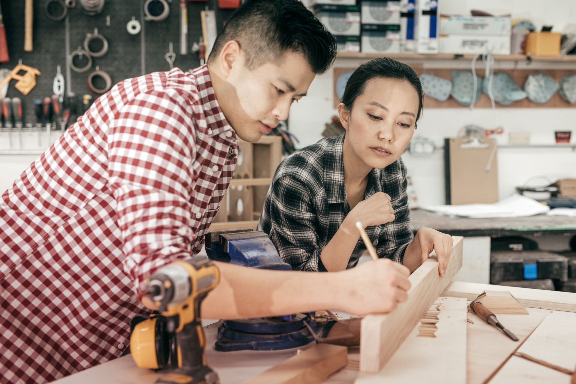 Professionals at woodworking studio